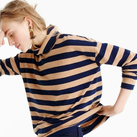 J. Crew Tan Navy Blue Deck Striped Lightweight Turtleneck Top Size Small - Picture 5 of 10